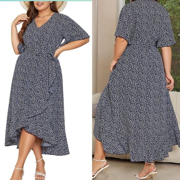 Terra & Sky Dresses & Skirts - Keluummi micro Floral Maxi Wrap Dress Empire Waist flutter ruffle v neck plus 24